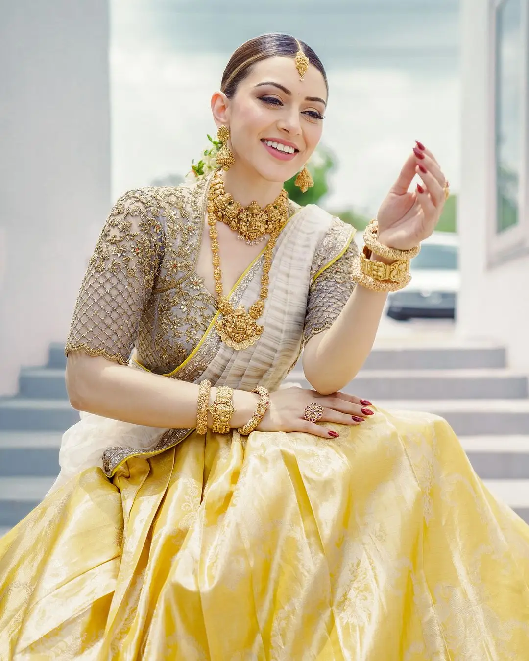 Hansika Motwani Wearing Beautiful Earrings Jewellery Yellow lehenga Choli